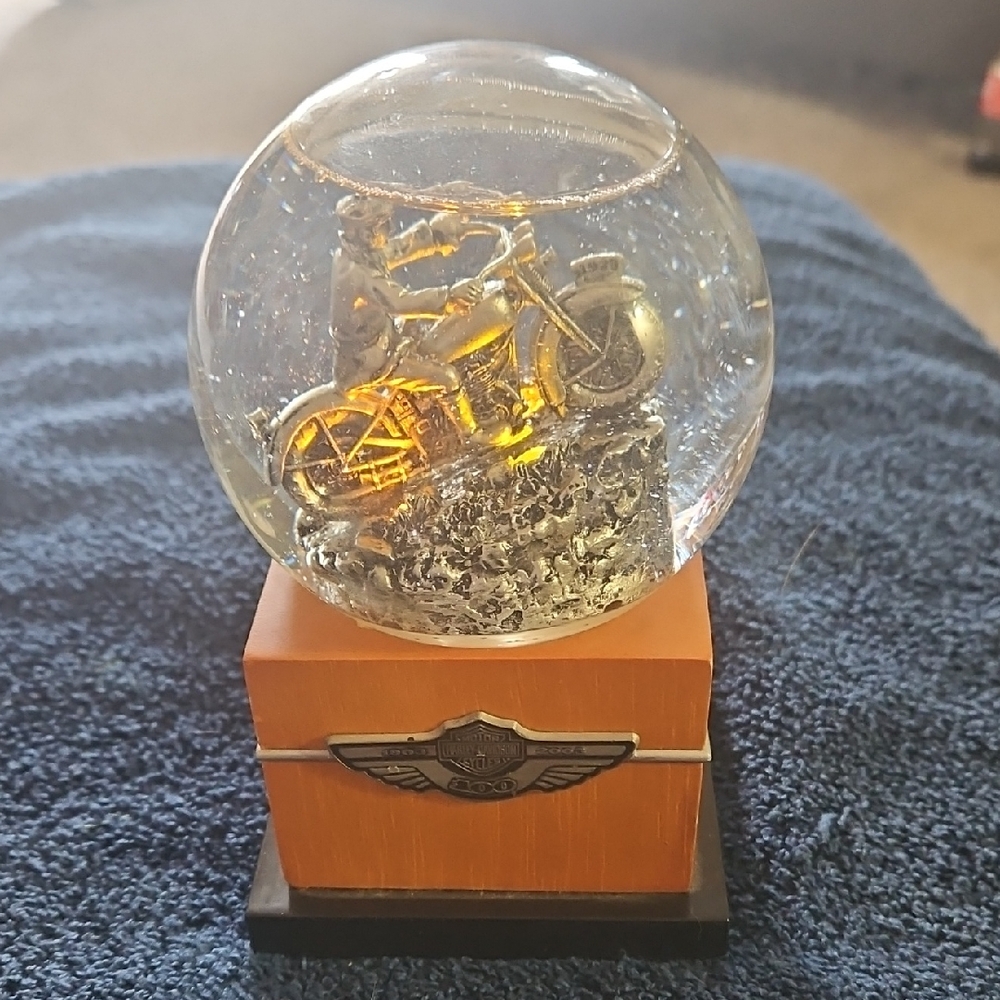 100th Anniversary Harley-Davidson Motorcycle Snow Globe with light and sound.
